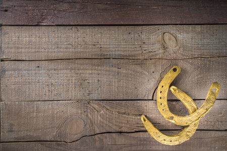 Saint patrick's day concept. Golden horseshoe on wooden old background, top view place for textの写真素材