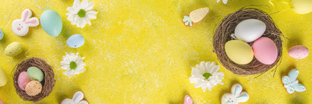 Easter poster background with Easter eggs in nests on yellow background. Greetings card, presents...