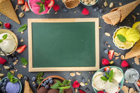 Various colorful ice cream balls in different bowls, with ice cream waffles cones and flavor ingredients - pistachio nuts, berries, lemon, chocolates, vanilla beans, mint. Dark background copy spaceの写真素材