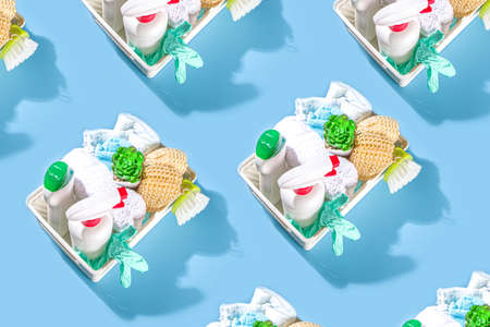 Spring cleaning creative background. Spring cleaning tools, utensils, accessories background,...