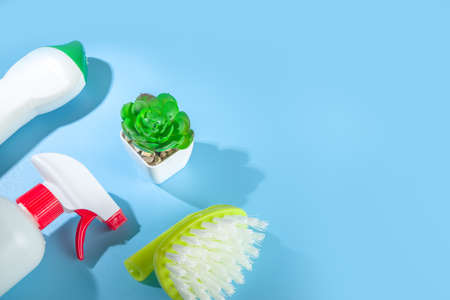 Spring cleaning creative background. Spring cleaning tools, utensils, accessories background,...