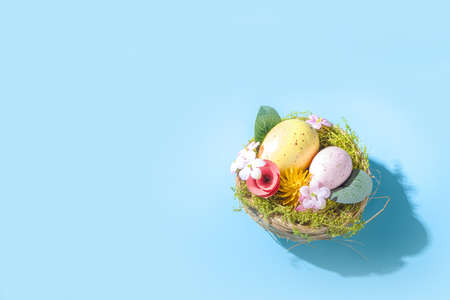 Creative simple pattern made of colorful bright Easter egg nests with flower decor with hard light...