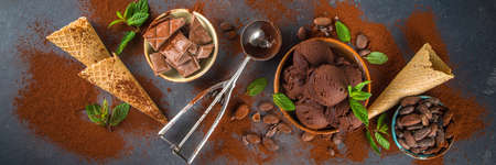 Dark Chocolate Ice cream. A lot of chocolate ice-cream with chocolate beans, powder and pieces, with...