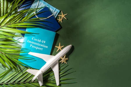 Toy airplane, tropical vacation decor and face medical mask on green background. Travel during the   pandemic concept.の写真素材