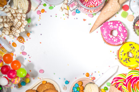 Selection of colorful sweets. Set of various candies, chocolates, donuts, cookies, lollipops, ice cream top view on white backgroundの写真素材