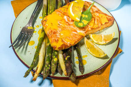 Vegan healthy food, keto diet recipe, Baked grilled salmon fish steak with green, white, purple...