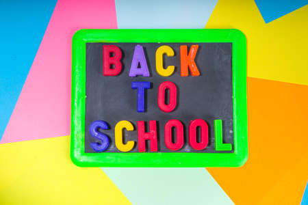 Back To School Concept. Various school stationery and supplies - chalk, color pencil, paints,...