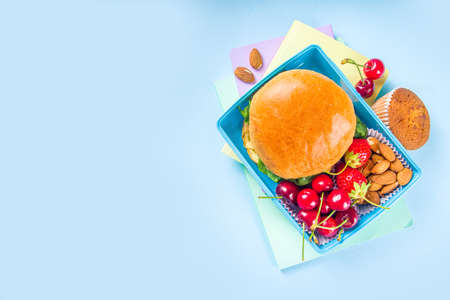 Back to school, Healthy tasty kid lunch box with sandwiches, nuts, fresh fruits and vegetable sticks. With school supplies, pencils, notebooks, on bright blue background flatlay top view copy spaceの写真素材