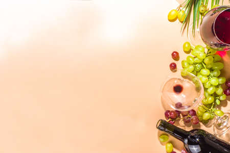 Glasses of red and white wine with sunshine and shadows, with bottle and decanter, bunch of grapes,...