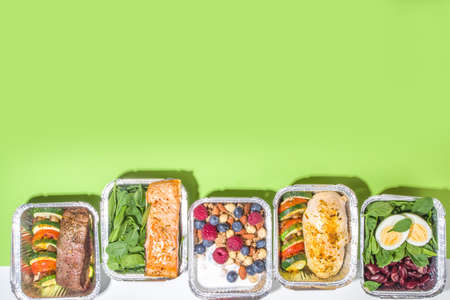 Healthy catering menu, courier food delivery lunch boxes. Beef steak meat, chicken filet, fish and...