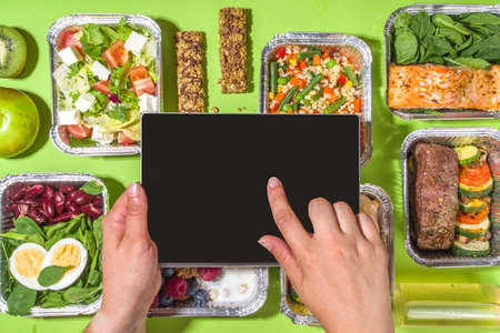 Healthy catering menu, courier food delivery lunch boxes. Beef steak meat, chicken filet, fish and...