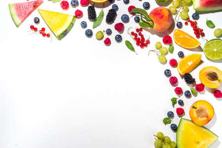 Summer vitamin food concept, various fruit and berries watermelon peach plum apricots blueberry...