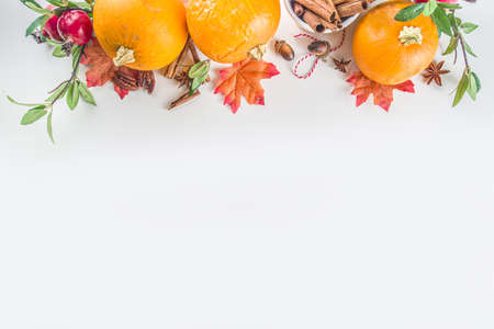 Autumn composition, Thanksgiving holiday greeting card. Pumpkin cooking background, with fall...