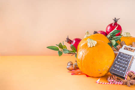 Autumn composition, Thanksgiving holiday greeting card. Pumpkin cooking background, with fall...