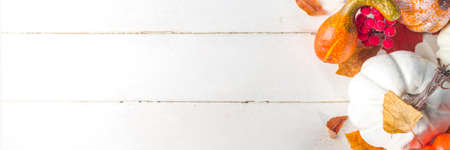 Thanksgiving day, Halloween festive greeting card with pumpkins, decorative berries and autumn leaves on white wooden table copy space. Fall holiday flat lay copy spaceの写真素材