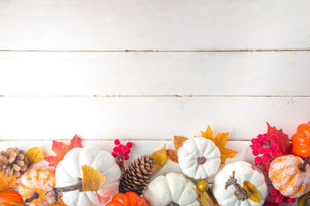 Thanksgiving day, Halloween festive greeting card with pumpkins, decorative berries and autumn leaves on white wooden table copy space. Fall holiday flat lay copy spaceの写真素材