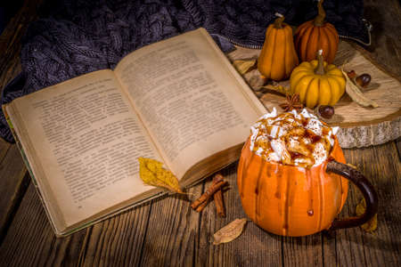 Autumn, winter drink for Christmas, Thanksgiving, Halloween. Funny cup of spicy pumpkin latte, hot chocolate, with whipped cream, marshmallow, spices with book, warm plaid and decorationの写真素材