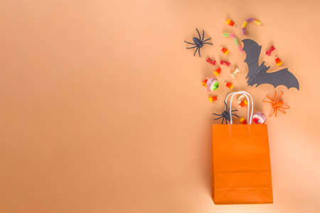 Happy Halloween day holiday background. Flat lay with sweets and decorations for kids party, bucket pack with spiders, candy sweets, bat, on colorful orange paper copy space top viewの写真素材