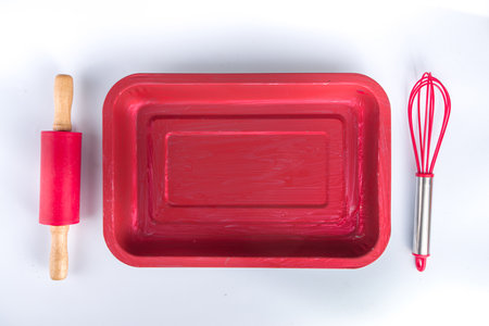 Christmas baking background. preparing for winter holidays, Christmas sale simple flat lay. Red...
