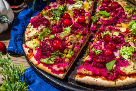 Thanksgiving Leftover Pizza, classic turkey leftover tart or sandwich in form of pizzaの写真素材