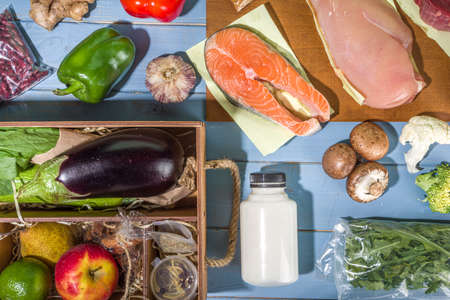 Meal Kit Delivery Concept. Set various healthy dishes food ingredients meat, vegetables, fruit,...