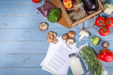 Meal Kit Delivery Concept. Set various healthy dishes food ingredients meat, vegetables, fruit,...