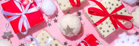 Fluffy Christmas concept. Festive Christmas background with fluffy decoration stuff, xmas ball, gift...