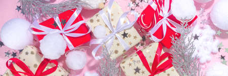 Fluffy Christmas concept. Festive Christmas background with fluffy decoration stuff, xmas ball, gift...