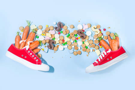 Traditional winter Netherlands, Belgium, Luxembourg, Dutch, North of France holiday. Saint Nicholas Sinterklaas kids day background with Strooigoed, pepernoten sweets, carrots, sneakers copy spaceの写真素材