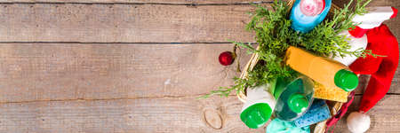 Christmas cleaning concept. Various bottles, equipment, and accessories, gloves for cleaning with...