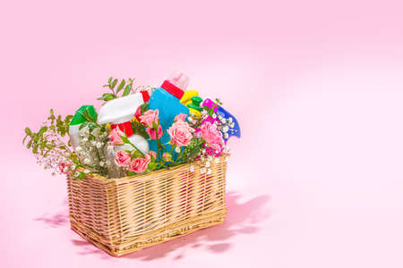 Creative bright spring cleaning concept. Tools, bottles, accessories for cleaning house with spring flowers and leaves hang on clothesline, box, bright sunny light copy spaceの写真素材