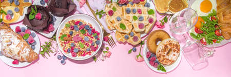 Valentine day brunch menu background with various breakfast and lunch dishes, waffle, growing,...
