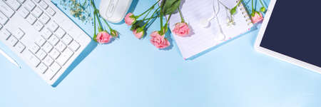 Spring office desk flatlay with keyboard, notepad, tablet, mouse, headphones, spring flowers and leaves, high-colored bright sunny blue background, top view frameの写真素材