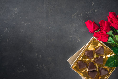 Valentine day background with Chocolates Hearts and Red Roses. Over Black Stone table Backdrop, top viewの写真素材