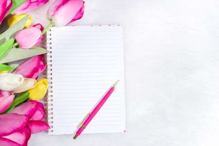 Valentine's Day concept Mother's Day, Birthday background. Spring tulip flowers with heart, gift and...