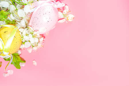Happy Easter Spring Holiday Greeting Card Background with Easter colorful eggs, decorative bird...