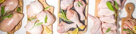 Various raw chicken meat portions. Set of uncooked chicken fillet, thigh, wings, strips and legs on white cooking table background with spicesの写真素材