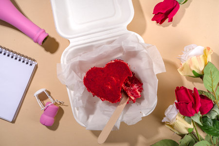 Red velvet heart shaped Valentine day bento cake, sweet dessert surprise gift for Valentines top view, with roses, champagneの写真素材