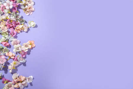 Spring Easter background, with small Easter eggs decoration, spring blossom flowers on violet very peri color background flatlay frameの写真素材