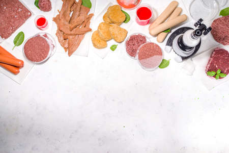 Lab grown meat alternatives concept, Various grown meat types red and white meat with microscope,...