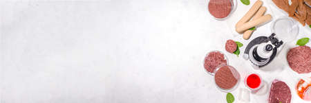 Lab grown meat alternatives concept, Various grown meat types red and white meat with microscope,...
