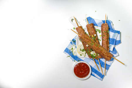Lula kebab, shish kebab on wood skewer with minced beef, grill and bbq conceptの写真素材