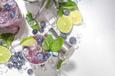 Blueberry citrus summer cooling drink, iced berry mojito lemonade cocktail with blueberries, mint and limeの写真素材