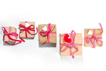 Valentine day greeting card background. Set of various different Valentines gift boxes, craft,...