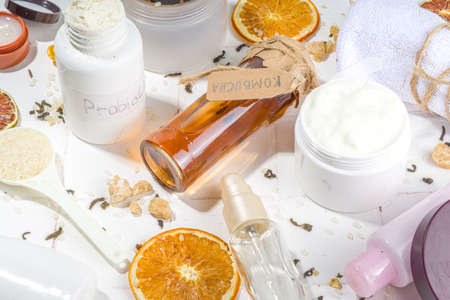 Fermented beauty skin and hair care cosmetic, with powerful nature fermentation ingredients â rice, kombucha, mushrooms, green tea leaves, yoghurtの写真素材