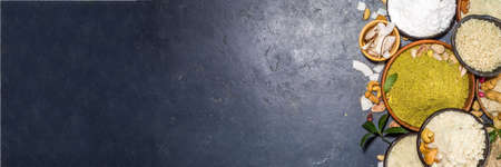 Alternative Nut Flour. Various keto paleo gluten, grain free flour source set, natural nut-based vegan baking. Almond, coconut, brazil nut, macadamia, walnut, cashew, pistachio, hazelnut, peanut flourの写真素材