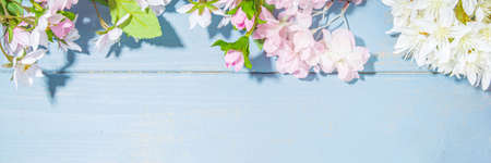 hello spring concept. Spring holidays greeting card simple flatlay background with artificial...