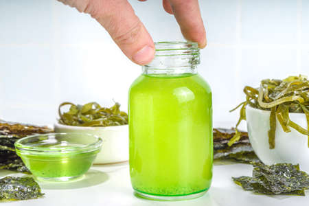 Algae based Oil, Seaweed alternative vegan oil, monounsaturated healthy fat ingredient with Algae Seaweedsの写真素材