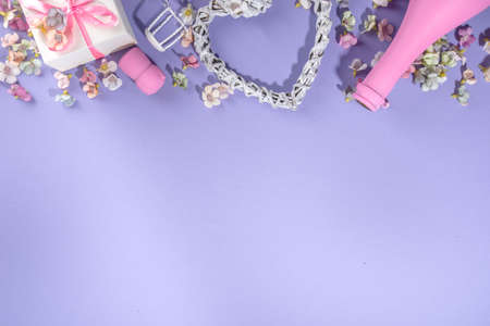 Cute high-colored Valentine day background, with pink colored champagne bottle, spring blossom...