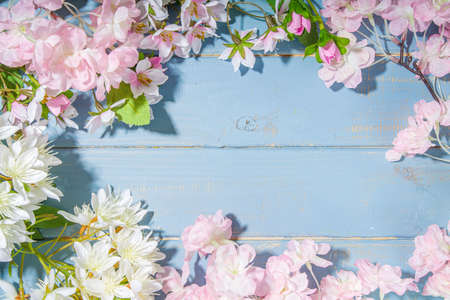 hello spring concept. Spring holidays greeting card simple flatlay background with artificial blossom spring flowers on light blue wooden garden table background frame copy space top viewの写真素材